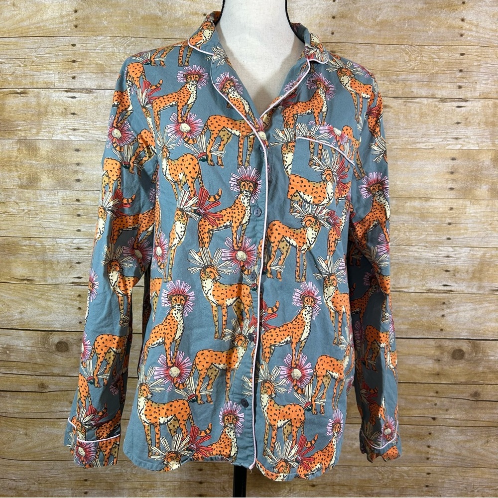 THEIR NIBS Womens Cheetah Pajama Top Shirt Large Cotton Long Sleeve Button Up